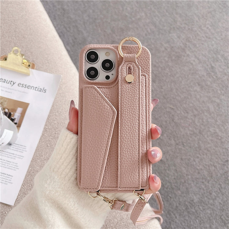 seraCase Luxury Leather Crossbody Wallet iPhone Case with Wrist Strap for iPhone 14 Pro Max / Pink