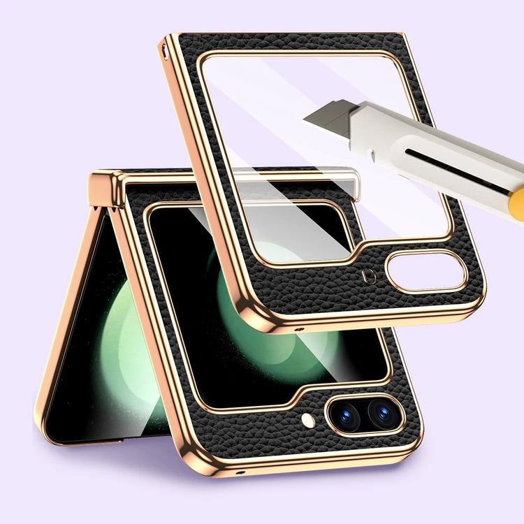 seraCase Cowhide Leather Galaxy Z Flip5 Case with Tempered Glass for