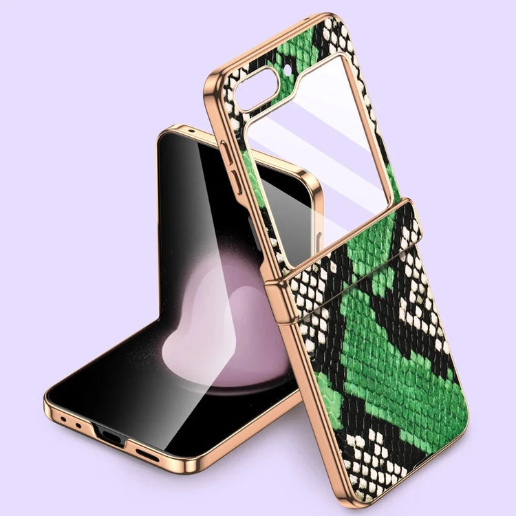 seraCase Cowhide Leather Galaxy Z Flip5 Case with Tempered Glass for For Galaxy Z Flip5 / Snake Pattern