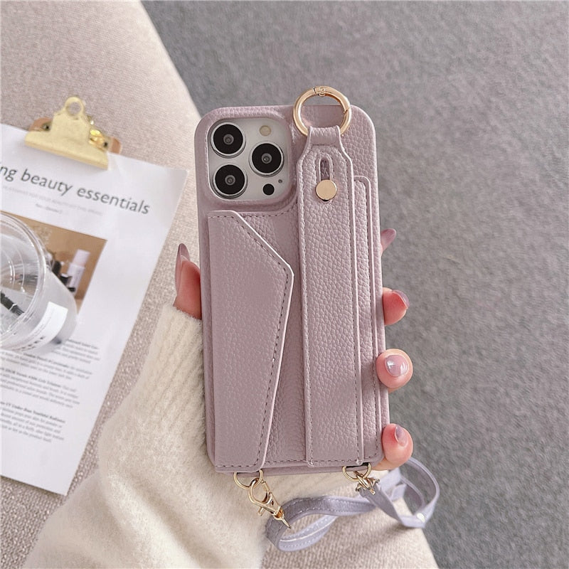 seraCase Luxury Leather Crossbody Wallet iPhone Case with Wrist Strap for iPhone 14 Pro Max / Light Purple
