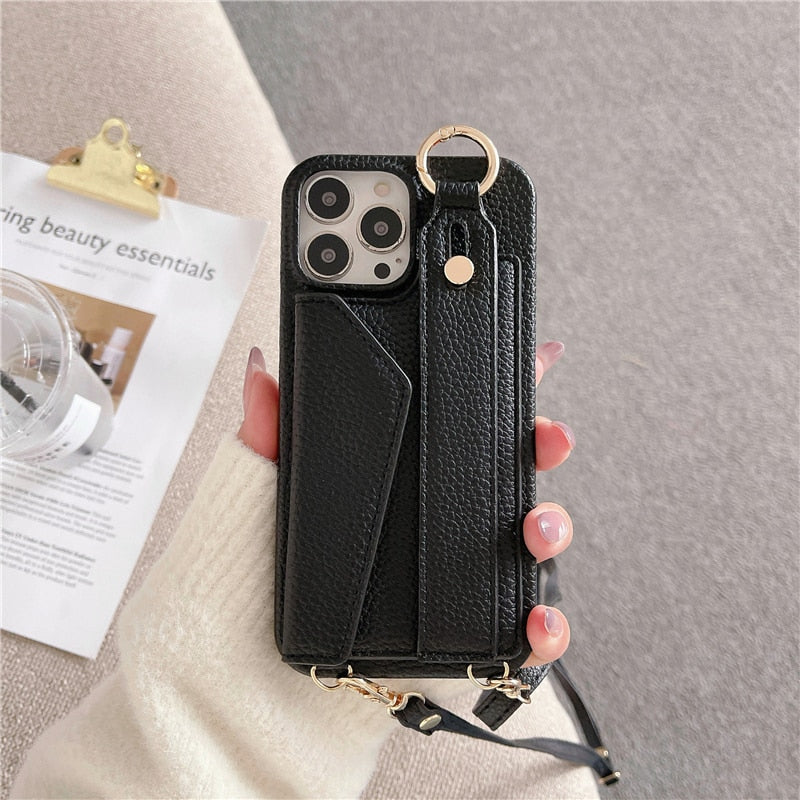 seraCase Luxury Leather Crossbody Wallet iPhone Case with Wrist Strap for iPhone 14 Pro Max / Black