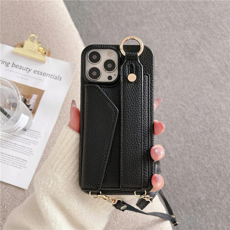 seraCase Luxury Leather Crossbody Wallet iPhone Case with Wrist Strap for iPhone 14 Pro Max / Black