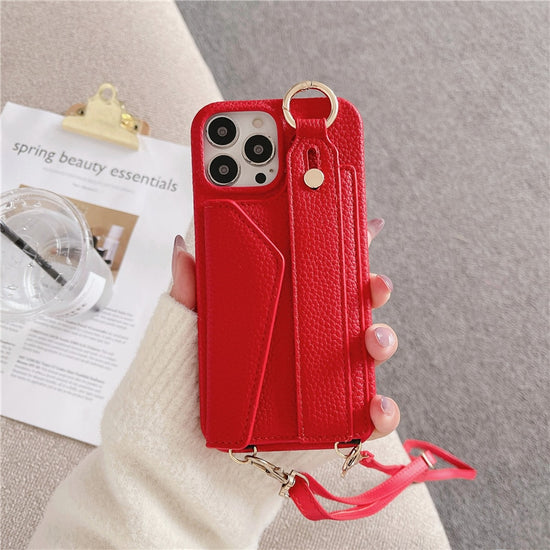 seraCase Luxury Leather Crossbody Wallet iPhone Case with Wrist Strap for iPhone 14 Pro Max / Red