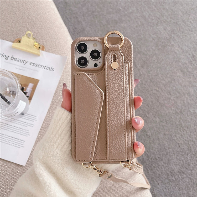 seraCase Luxury Leather Crossbody Wallet iPhone Case with Wrist Strap for iPhone 14 Pro Max / Camel