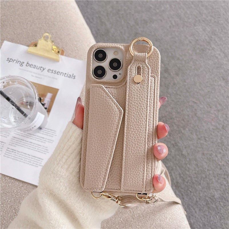 seraCase Luxury Leather Crossbody Wallet iPhone Case with Wrist Strap for iPhone 14 Pro Max / Khaki