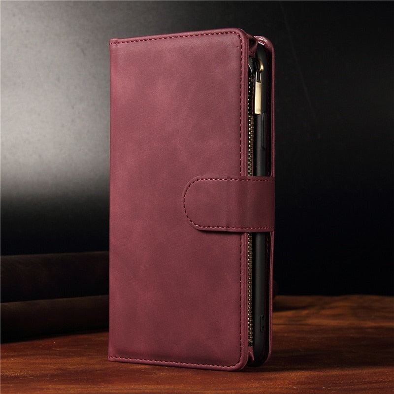 seraCase Premium Leather Card Wallet iPhone Case with Flip Zip for iPhone 14 / Wine Red