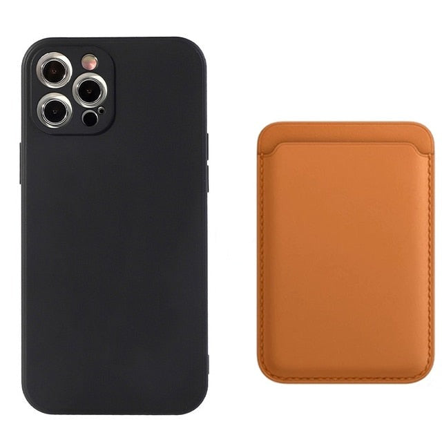 seraCase Silicone iPhone Case & Leather MagSafe Wallet Combo for iPhone 11 / Black + Brown