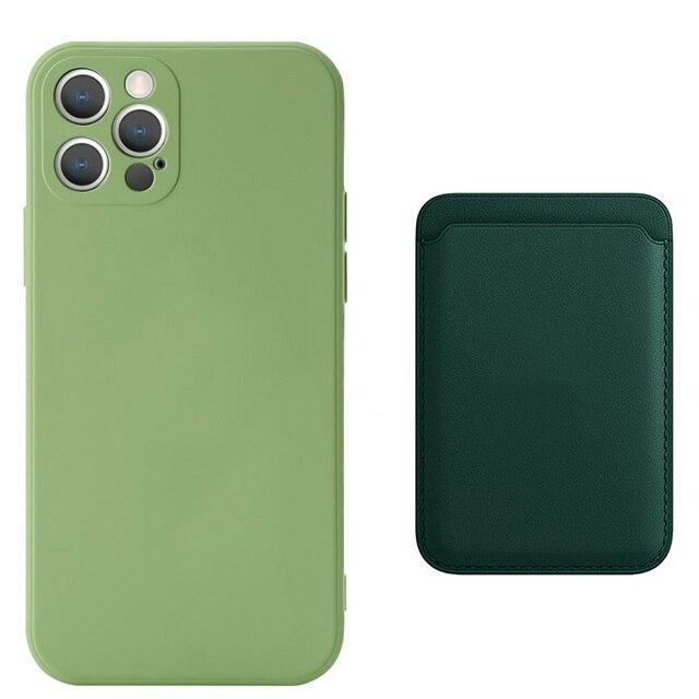 seraCase Silicone iPhone Case & Leather MagSafe Wallet Combo for iPhone 11 / Light Green + Green