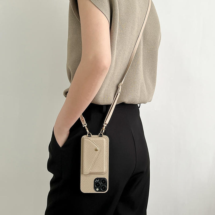 seraCase Luxury Leather Crossbody Lanyard iPhone Wallet Case for iPhone 14 Pro Max / Khaki
