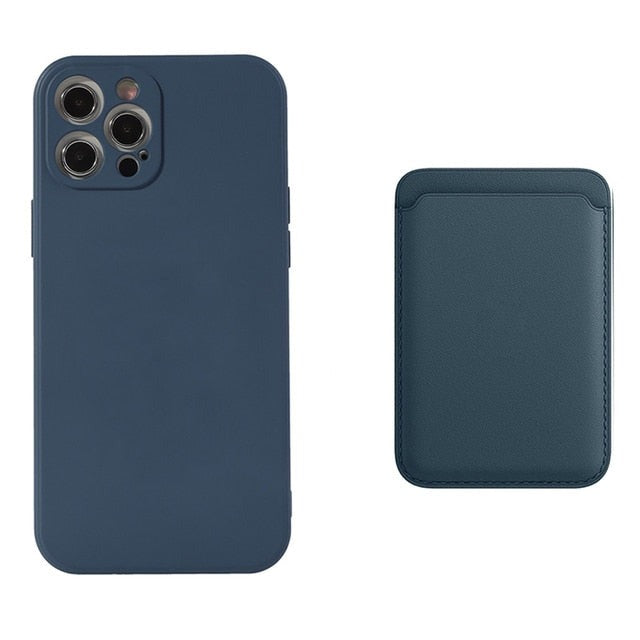 seraCase Silicone iPhone Case & Leather MagSafe Wallet Combo for iPhone 11 / Blue + Blue