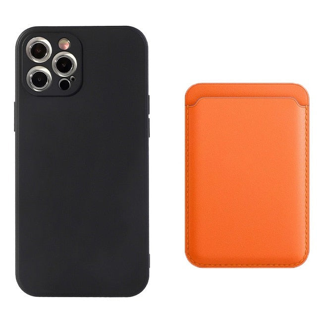seraCase Silicone iPhone Case & Leather MagSafe Wallet Combo for iPhone 11 / Black + Orange