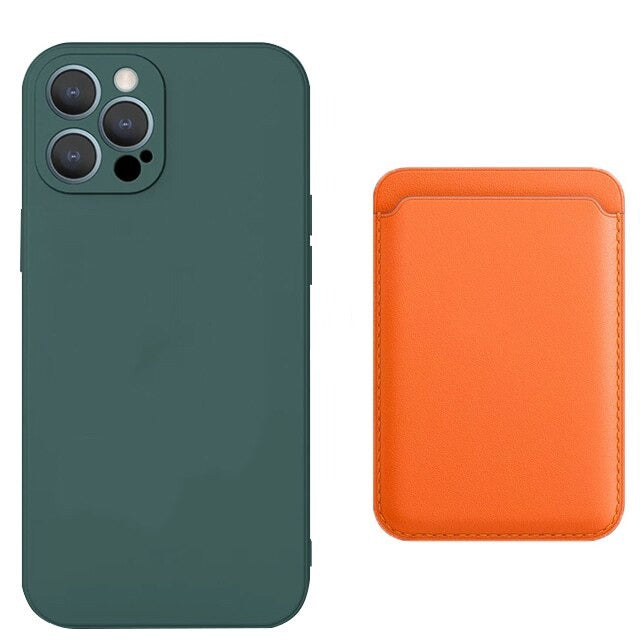 seraCase Silicone iPhone Case & Leather MagSafe Wallet Combo for iPhone 11 / Dark Green + Orange