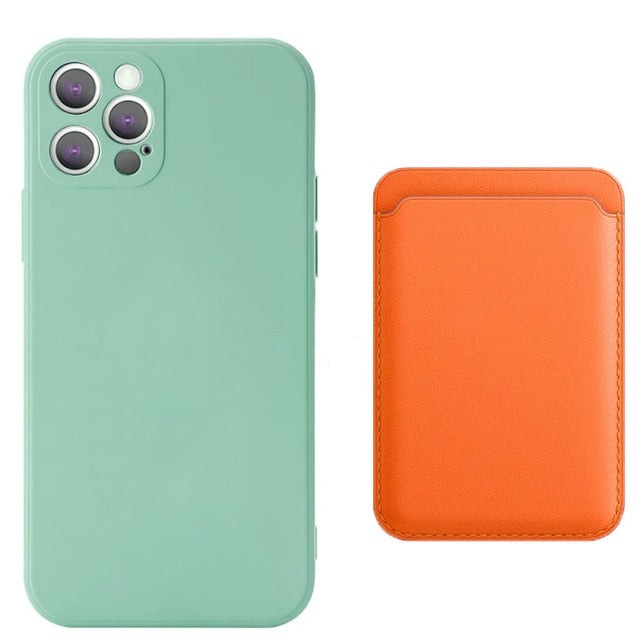 seraCase Silicone iPhone Case & Leather MagSafe Wallet Combo for iPhone 11 / Cyan + Orange