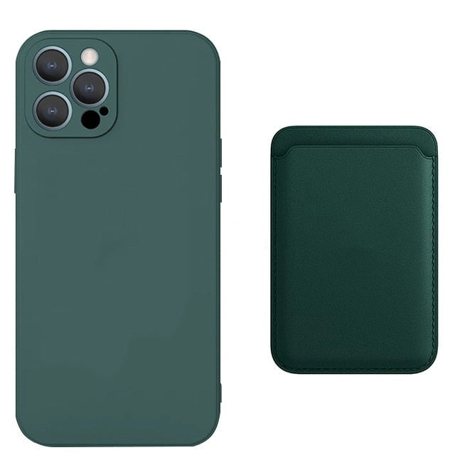 seraCase Silicone iPhone Case & Leather MagSafe Wallet Combo for iPhone 11 / Dark Green + Green