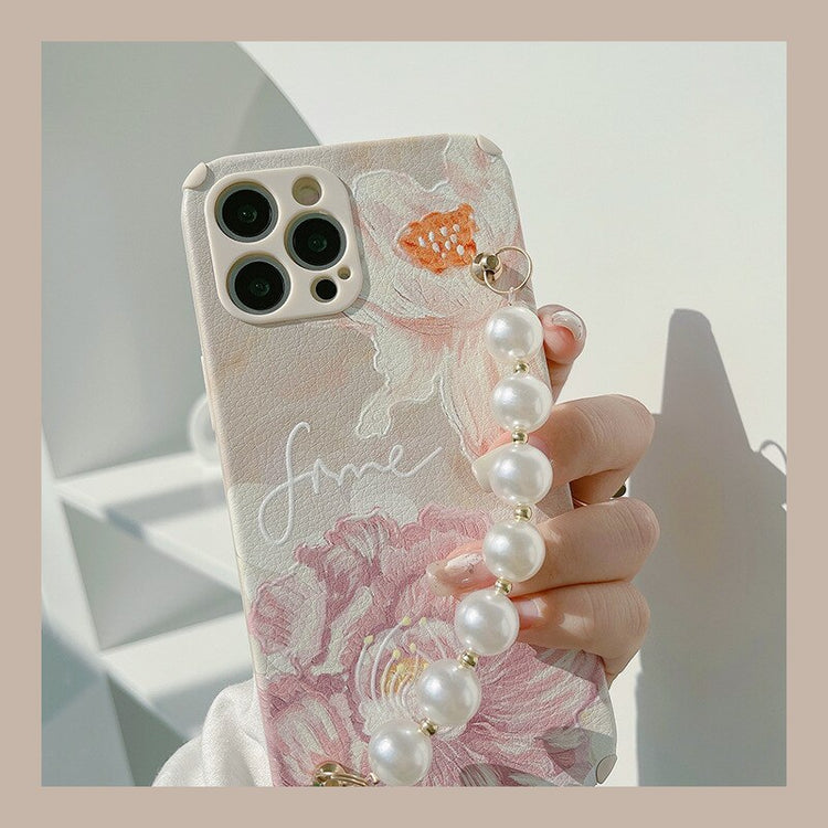 seraCase Oil Painting Style iPhone Case with Pearl Wrist Chain for iPhone 7 / 8 / Beige